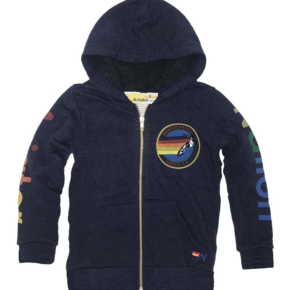 Aviator Nation Zip Hoodie Boys 8 Girls Unisex Rainbow Sleeve Graphics Sweatshirt - Picture 9 of 9
